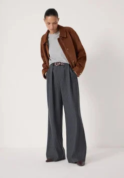 hush Trousers|Adena Pinstripe Wide Leg Trousers Charcoal Grey Pinstripe