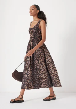 hush Dresses|Air Flow Gathered Straps Midi Dress Soft Leopard
