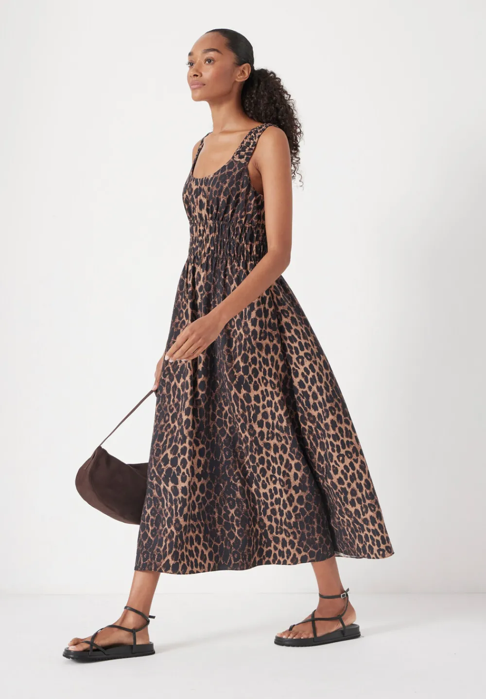 hush Dresses|Air Flow Gathered Straps Midi Dress Soft Leopard