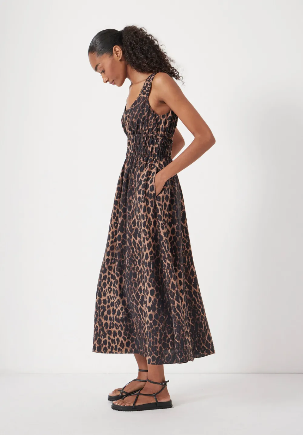 hush Dresses|Air Flow Gathered Straps Midi Dress Soft Leopard