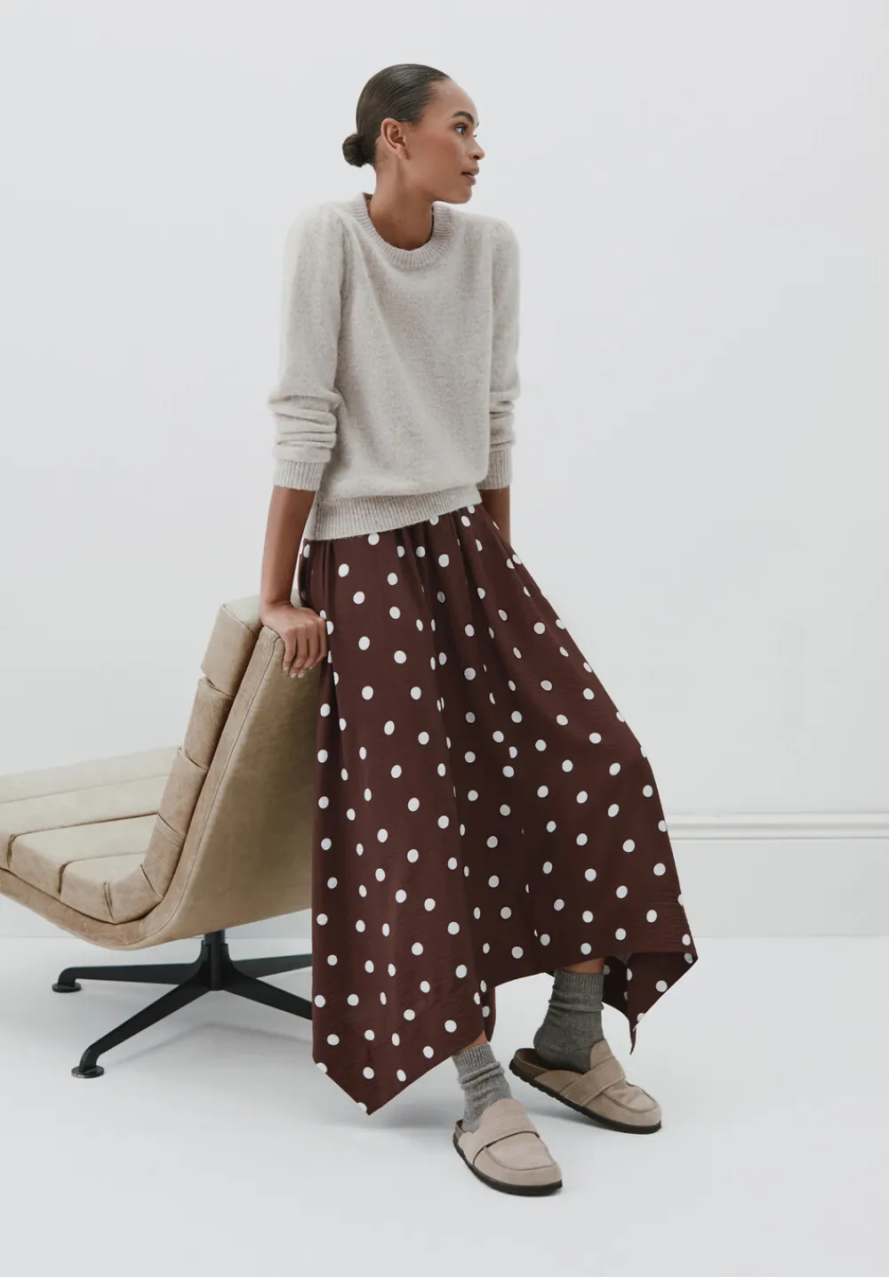 hush Skirts|Air Flow Hanky Hem Skirt Polka Dot Brown