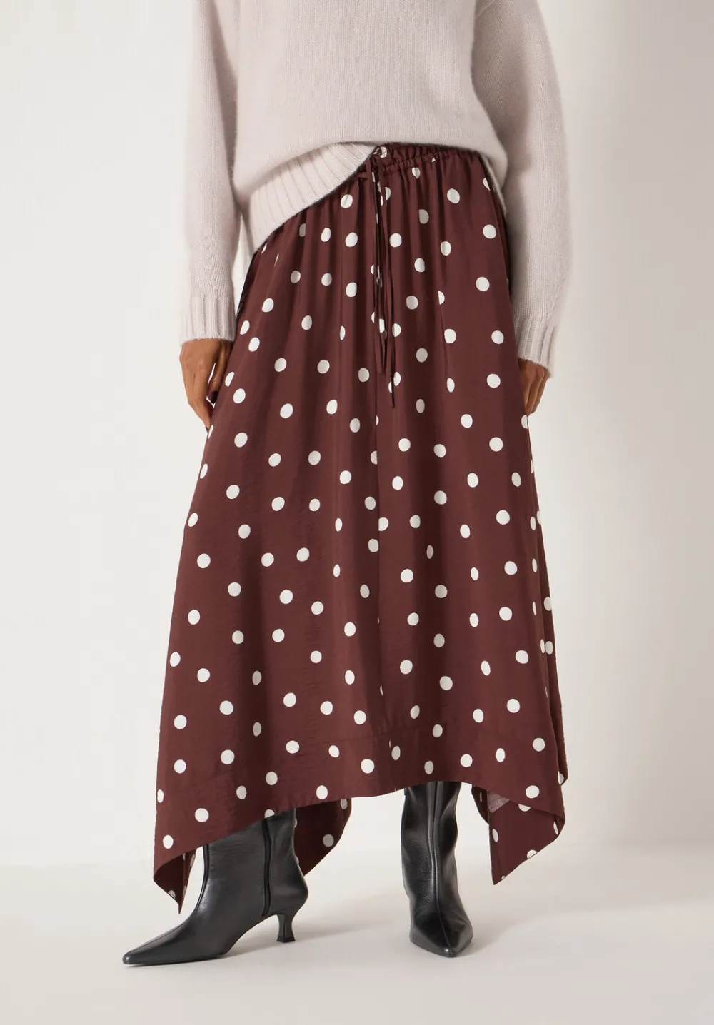 hush Skirts|Air Flow Hanky Hem Skirt Polka Dot Brown