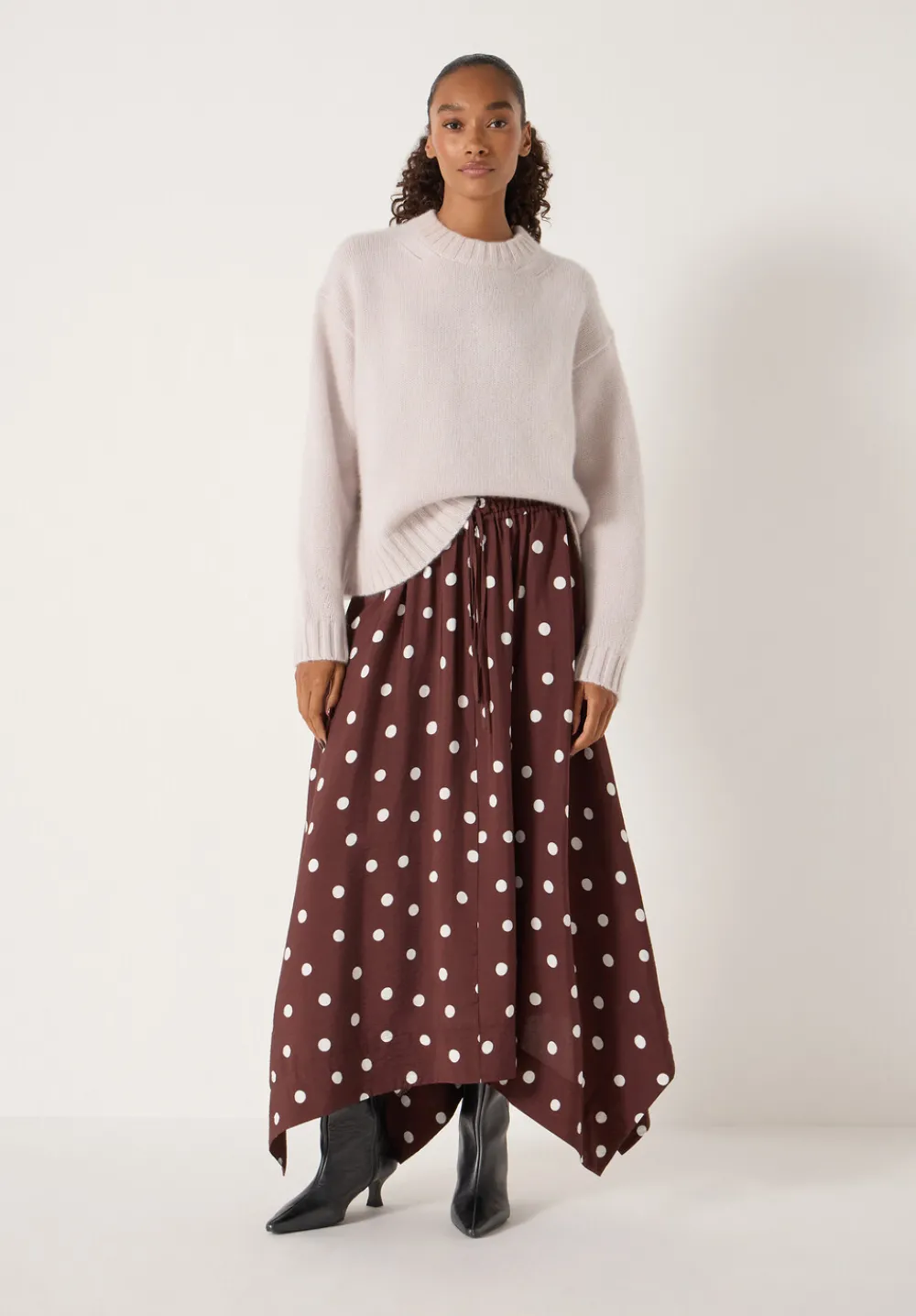 hush Skirts|Air Flow Hanky Hem Skirt Polka Dot Brown