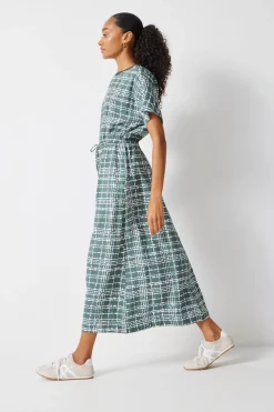 hush Dresses|Air Flow Short Sleeve Crew Neck Midi Dress Green and White Check