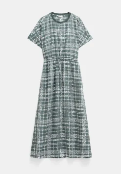 hush Dresses|Air Flow Short Sleeve Crew Neck Midi Dress Green and White Check