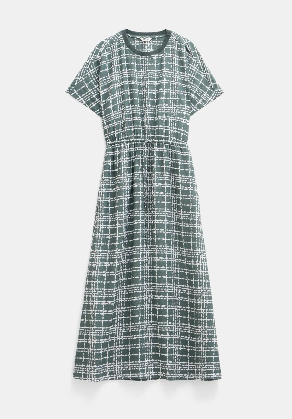 hush Dresses|Air Flow Short Sleeve Crew Neck Midi Dress Green and White Check