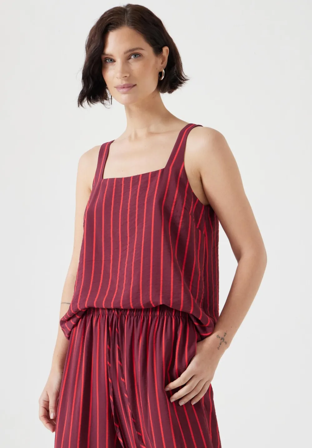 hush Tops & T-Shirts|Air Flow Square Neckline Tank Top Red/Maroon Stripe