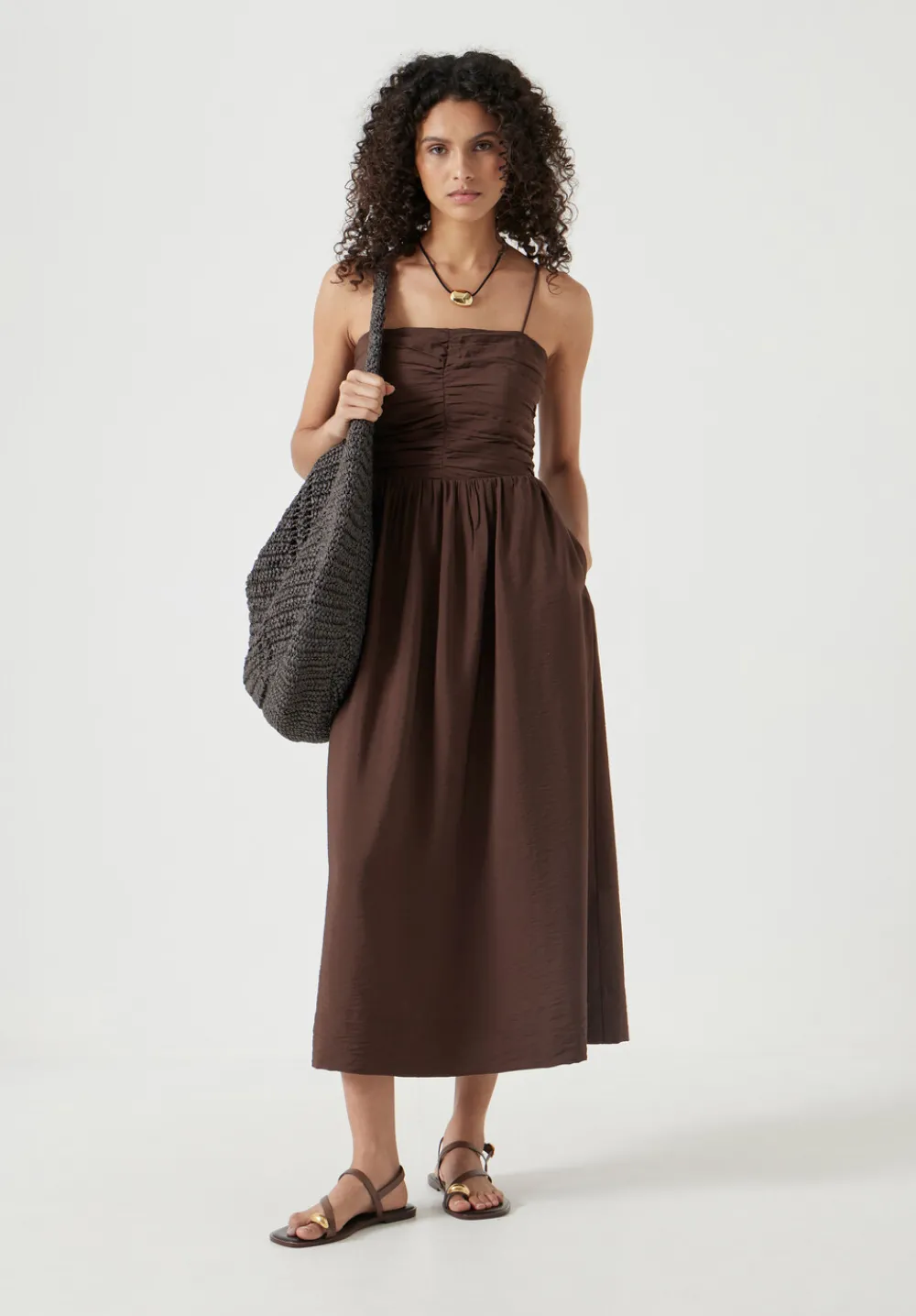 hush Dresses|Air Flow Strappy Gathered Midi Dress Chocolate Fondant