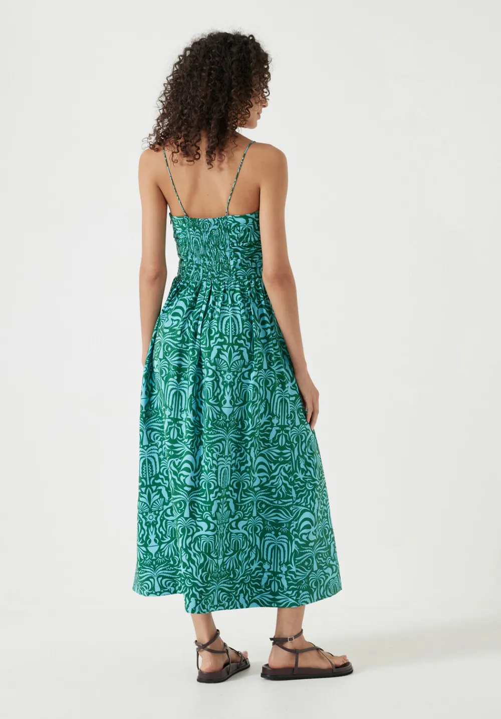 hush Dresses|Air Flow Strappy Gathered Midi Dress Green/Blue Lotus
