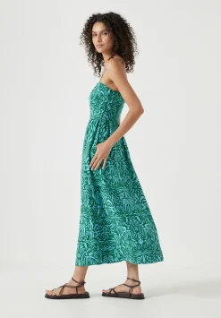 hush Dresses|Air Flow Strappy Gathered Midi Dress Green/Blue Lotus