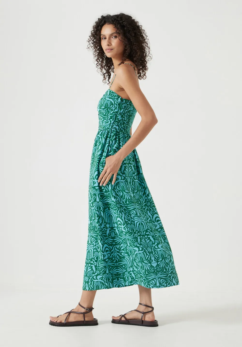 hush Dresses|Air Flow Strappy Gathered Midi Dress Green/Blue Lotus