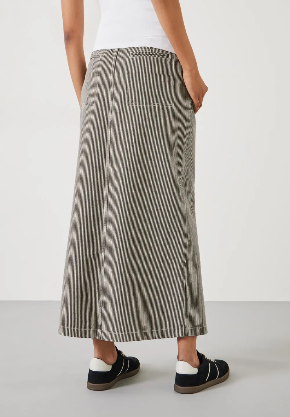 hush Skirts|Amalia Stripe Denim Maxi Skirt Dark Olive