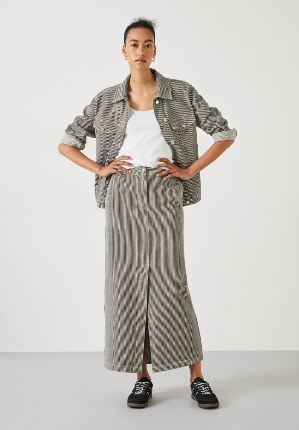 hush Skirts|Amalia Stripe Denim Maxi Skirt Dark Olive