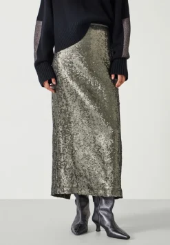 hush Skirts|Anais Sheer Sequin Midi Skirt Matte Khaki Green Sequins