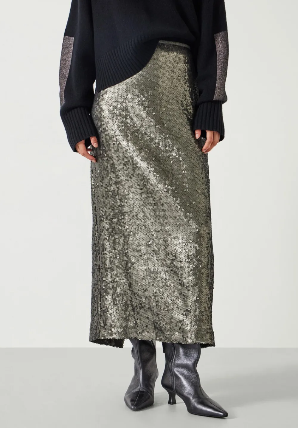 hush Skirts|Anais Sheer Sequin Midi Skirt Matte Khaki Green Sequins