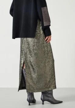 hush Skirts|Anais Sheer Sequin Midi Skirt Matte Khaki Green Sequins