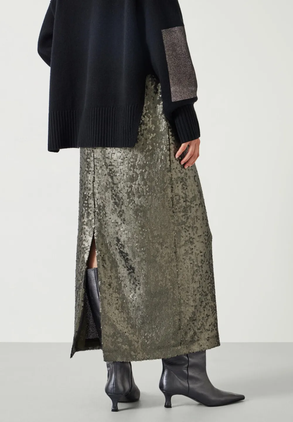 hush Skirts|Anais Sheer Sequin Midi Skirt Matte Khaki Green Sequins