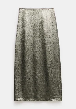 hush Skirts|Anais Sheer Sequin Midi Skirt Matte Khaki Green Sequins