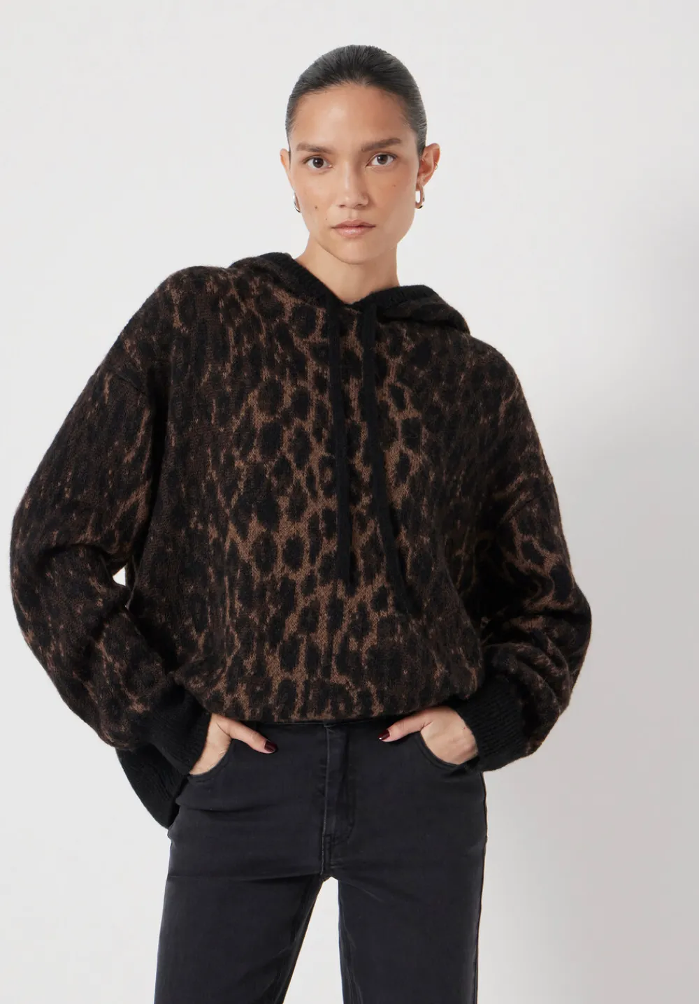 hush Sweatshirts & Hoodies|Jumpers & Cardigans|Animal Jacquard Hoodie with Mohair Black/ Brown Animal