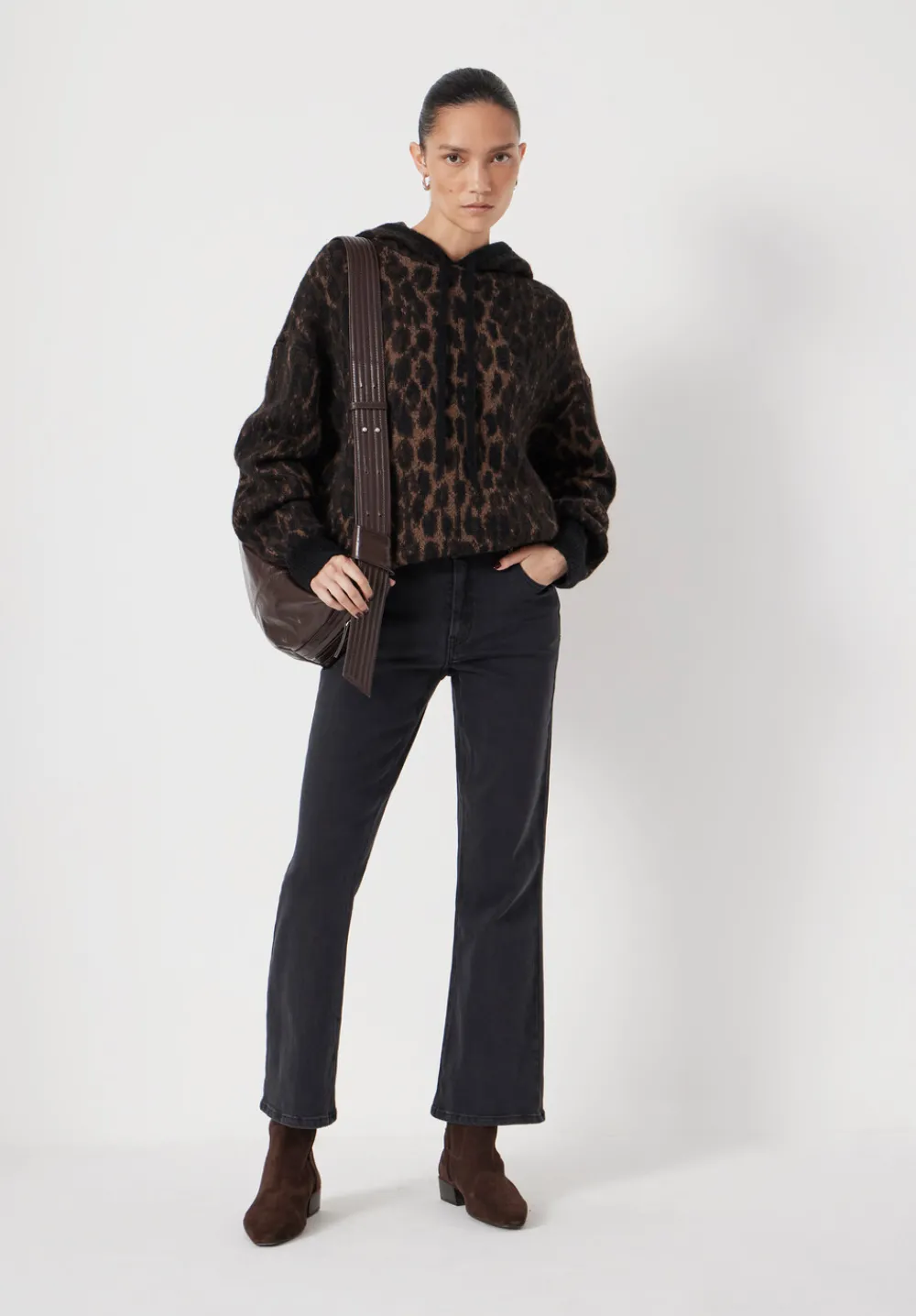 hush Sweatshirts & Hoodies|Jumpers & Cardigans|Animal Jacquard Hoodie with Mohair Black/ Brown Animal