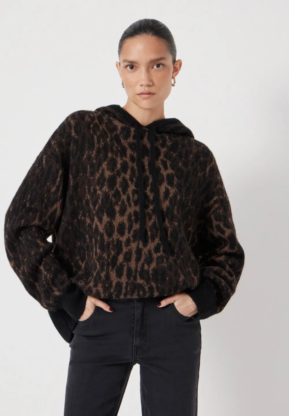 hush Sweatshirts & Hoodies|Jumpers & Cardigans|Animal Jacquard Hoodie with Mohair Black/ Brown Animal
