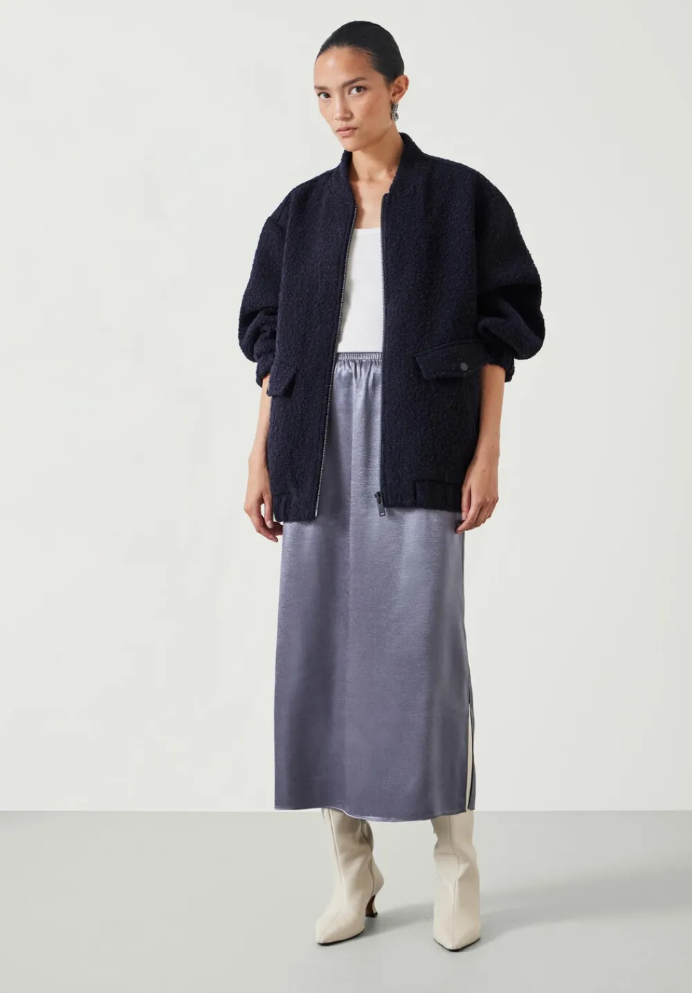hush Skirts|Aurora Satin Midi Skirt Gunmetal Silver