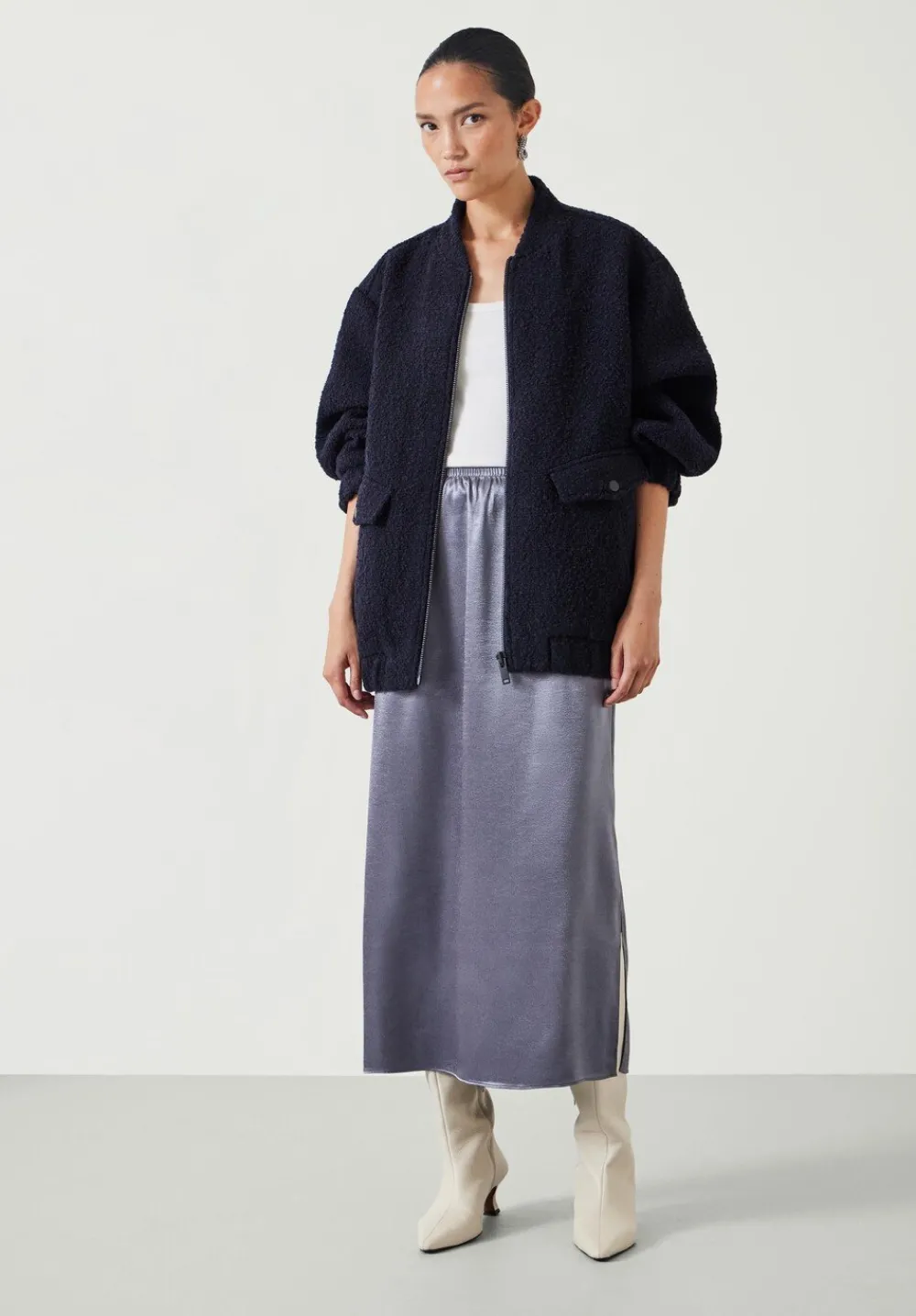 hush Skirts|Aurora Satin Midi Skirt Gunmetal Silver