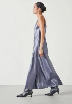 hush Dresses|Aurora Satin Slip Maxi Dress Gunmetal Silver