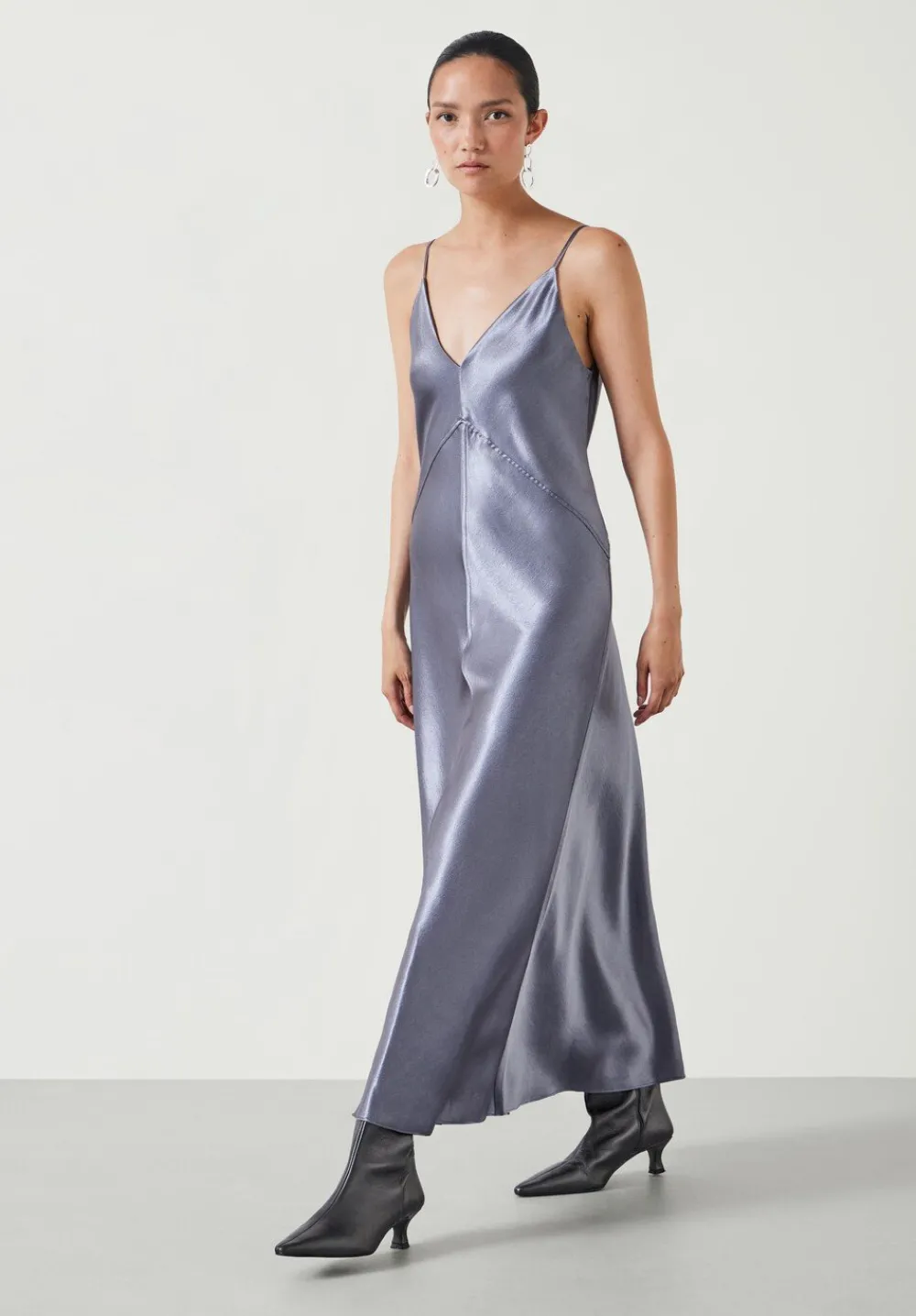 hush Dresses|Aurora Satin Slip Maxi Dress Gunmetal Silver