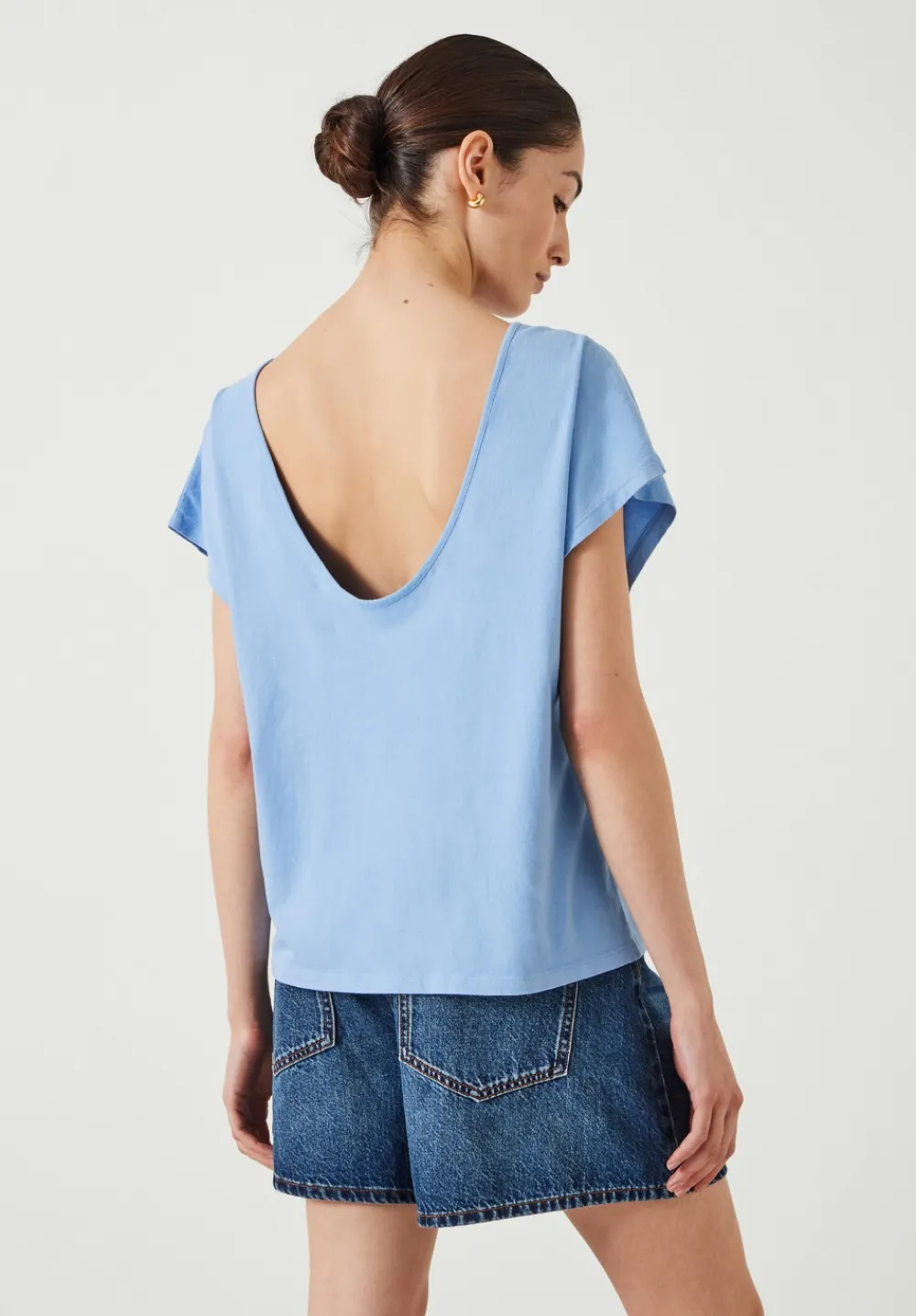 hush Tops & T-Shirts|Back Scoop Detail Cotton T-Shirt Mid Blue