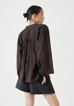 hush Tops & T-Shirts|Shirts & Blouses|Bea Textured Stripe Blouse Chocolate brown