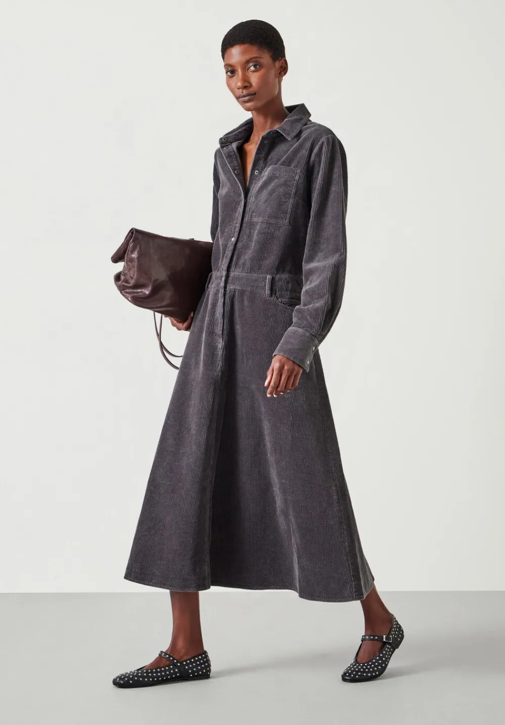 hush Dresses|Bella Cord Midi Dress Charcoal Grey