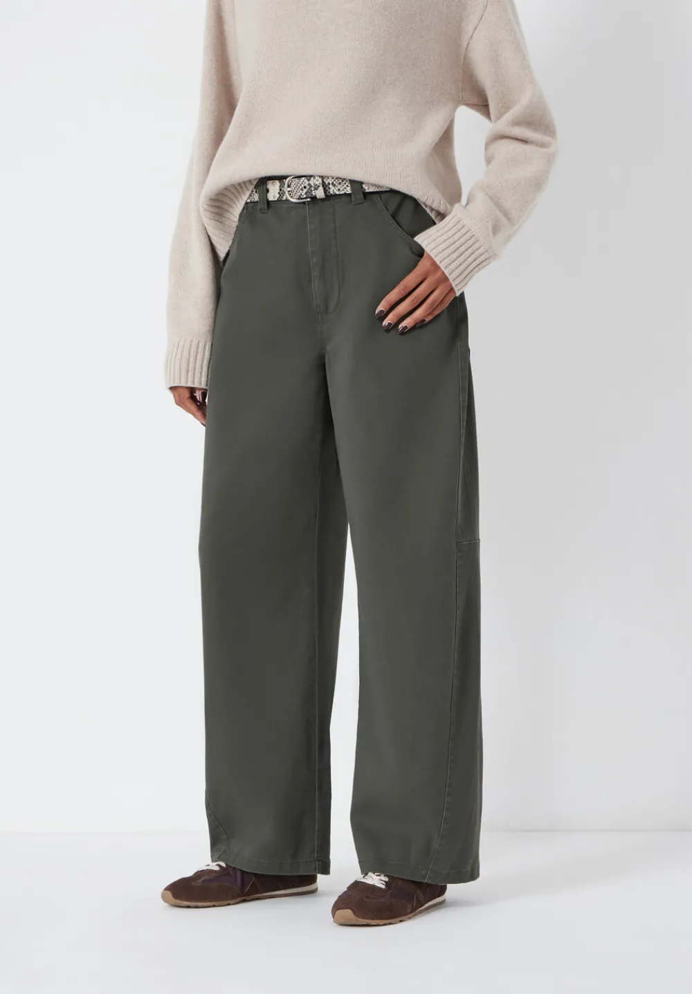 hush Trousers|Bree Horseshoe Barrel Leg Trouser Grey Green