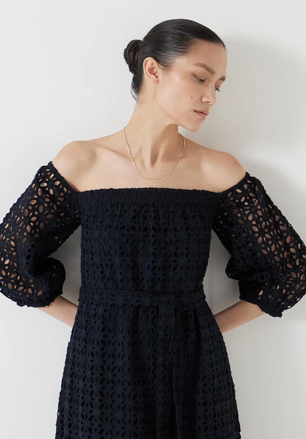 hush Dresses|Broderie Off Shoulder Midi Dress Black
