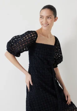 hush Dresses|Broderie Off Shoulder Midi Dress Black