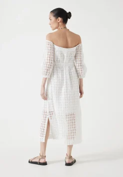 hush Dresses|Broderie Off Shoulder Midi Dress White