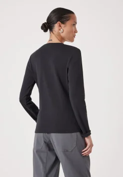 hush Tops & T-Shirts|Button Ribbed Long Sleeve Top Black