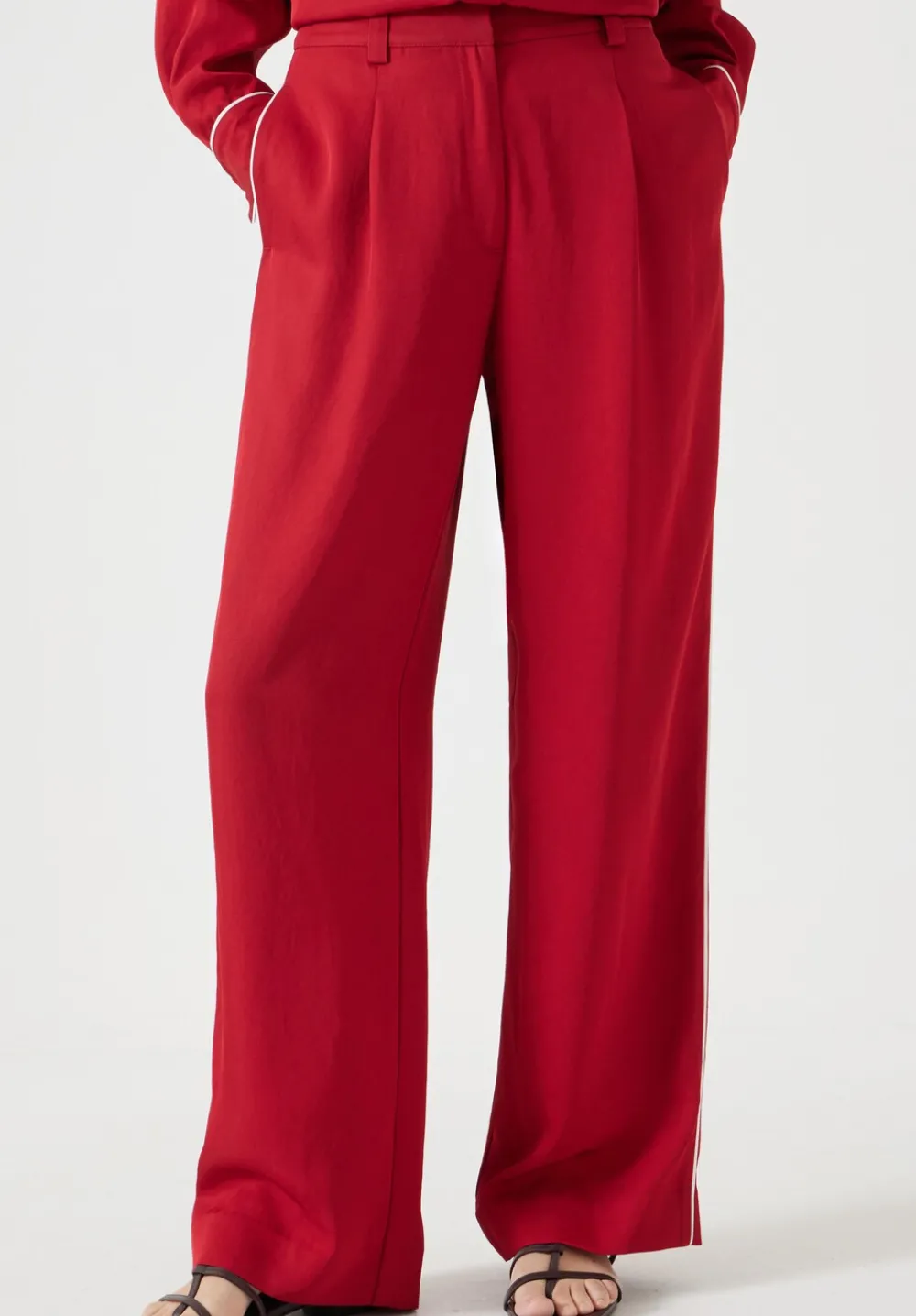 hush Trousers|Carys Piping Detail Wide Leg Trousers Red