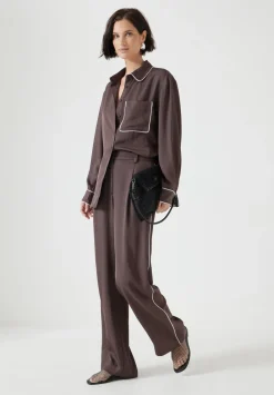 hush Trousers|Carys Piping Detail Wide Leg Trousers Coffee Brown