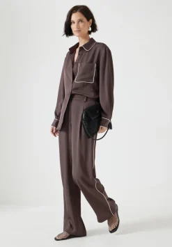 hush Trousers|Carys Piping Detail Wide Leg Trousers Coffee Brown