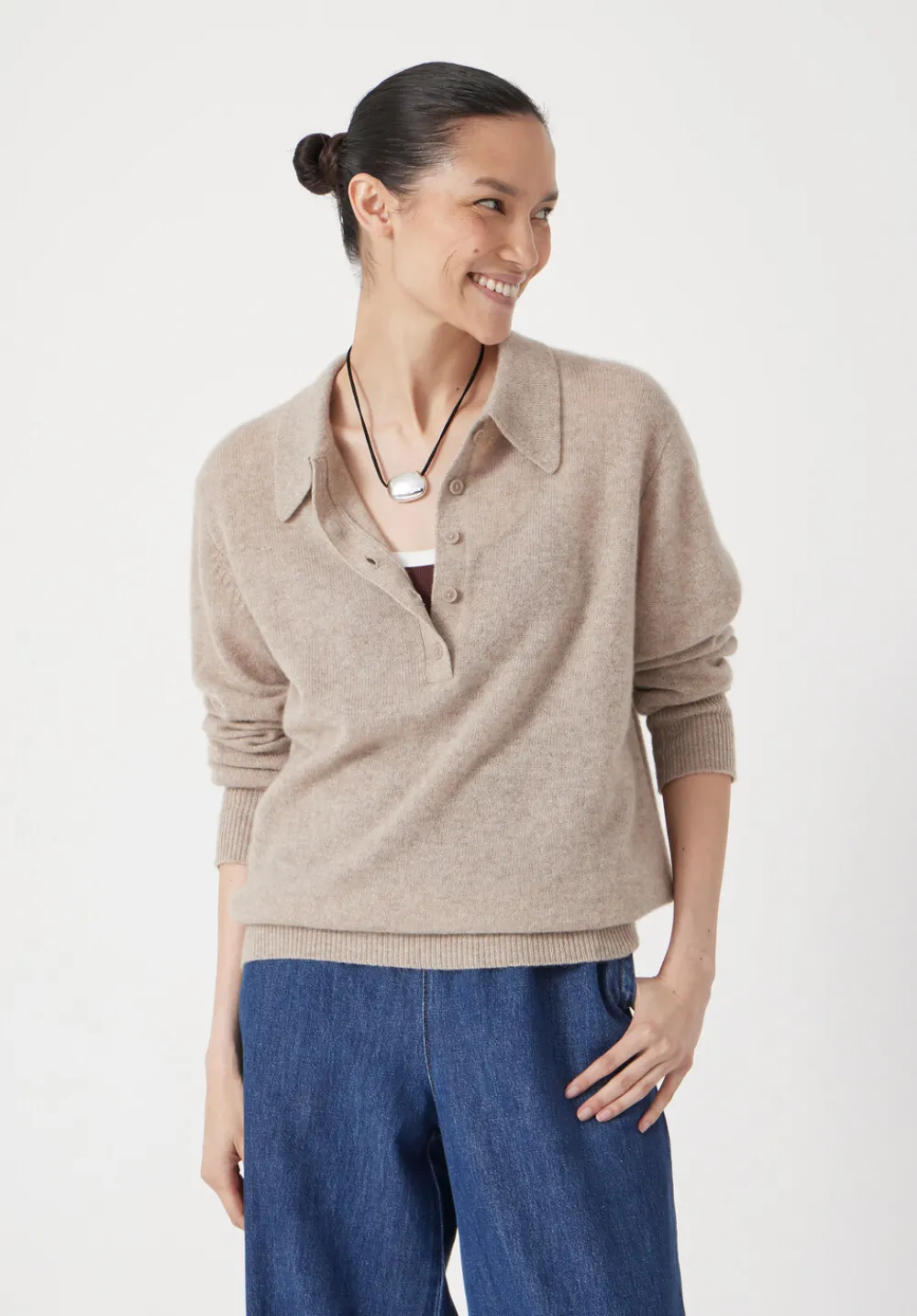 hush Jumpers & Cardigans|Cashmere Long Sleeve Polo Jumper OATMEAL MARL