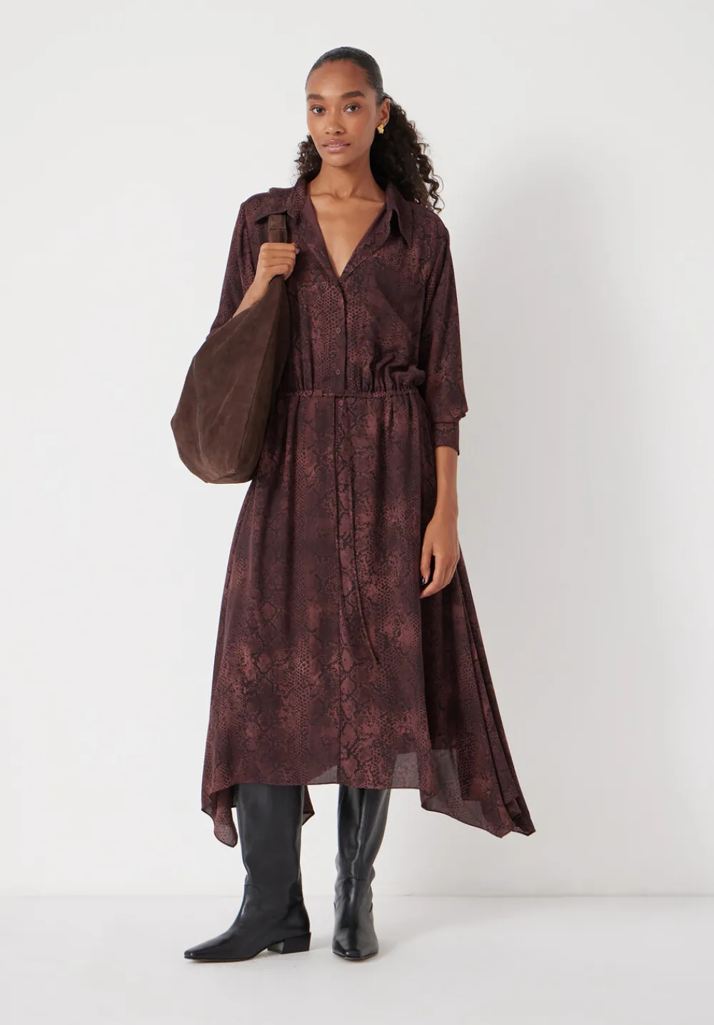 hush Dresses|Chiffon Hanky Hem Maxi Dress Snake Print Brown