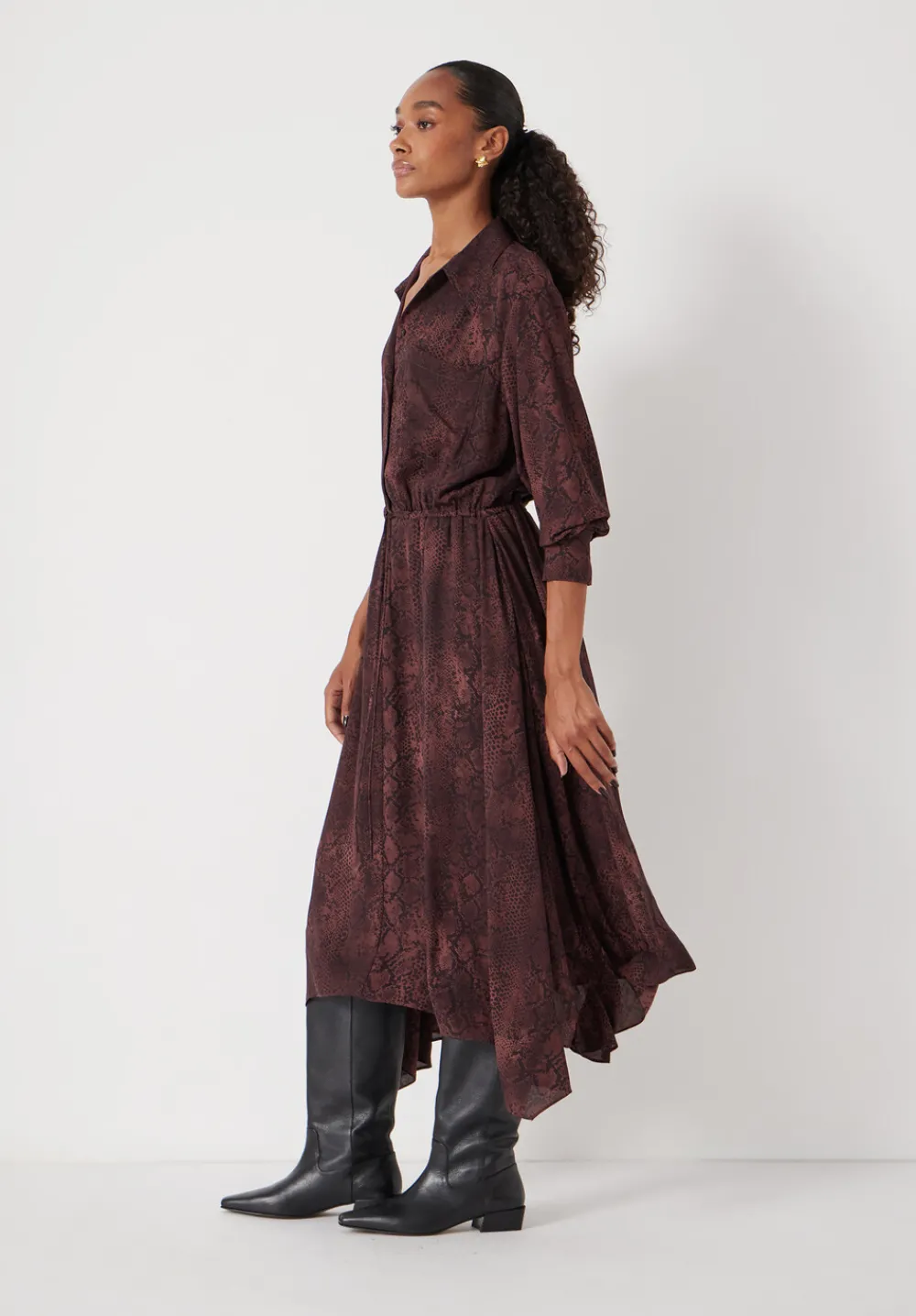 hush Dresses|Chiffon Hanky Hem Maxi Dress Snake Print Brown