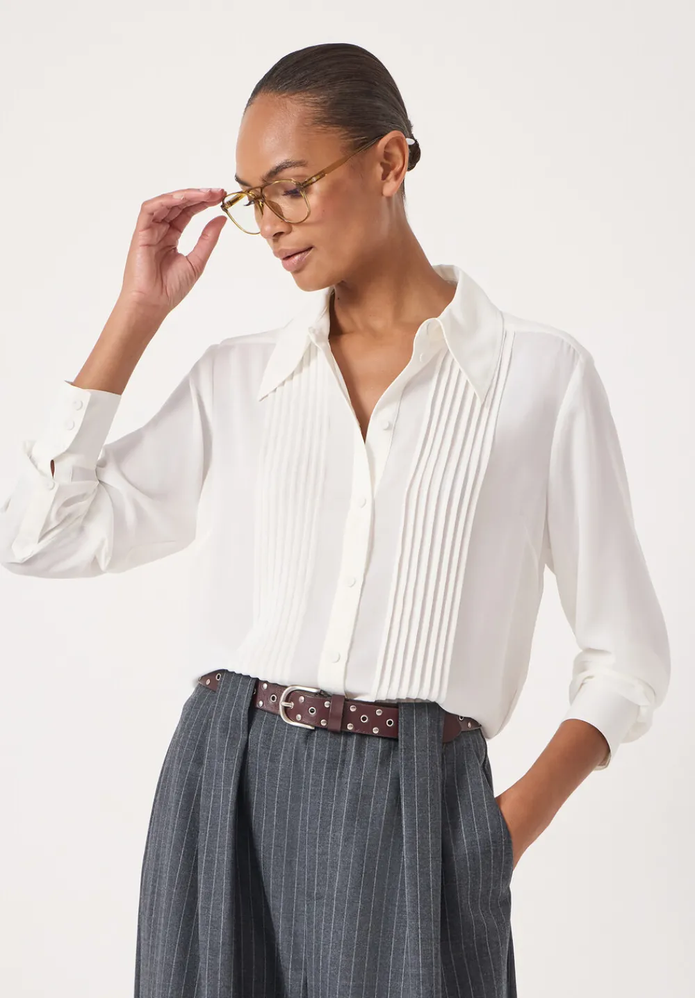 hush Shirts & Blouses|Chiffon Pintuck Blouse Ecru White