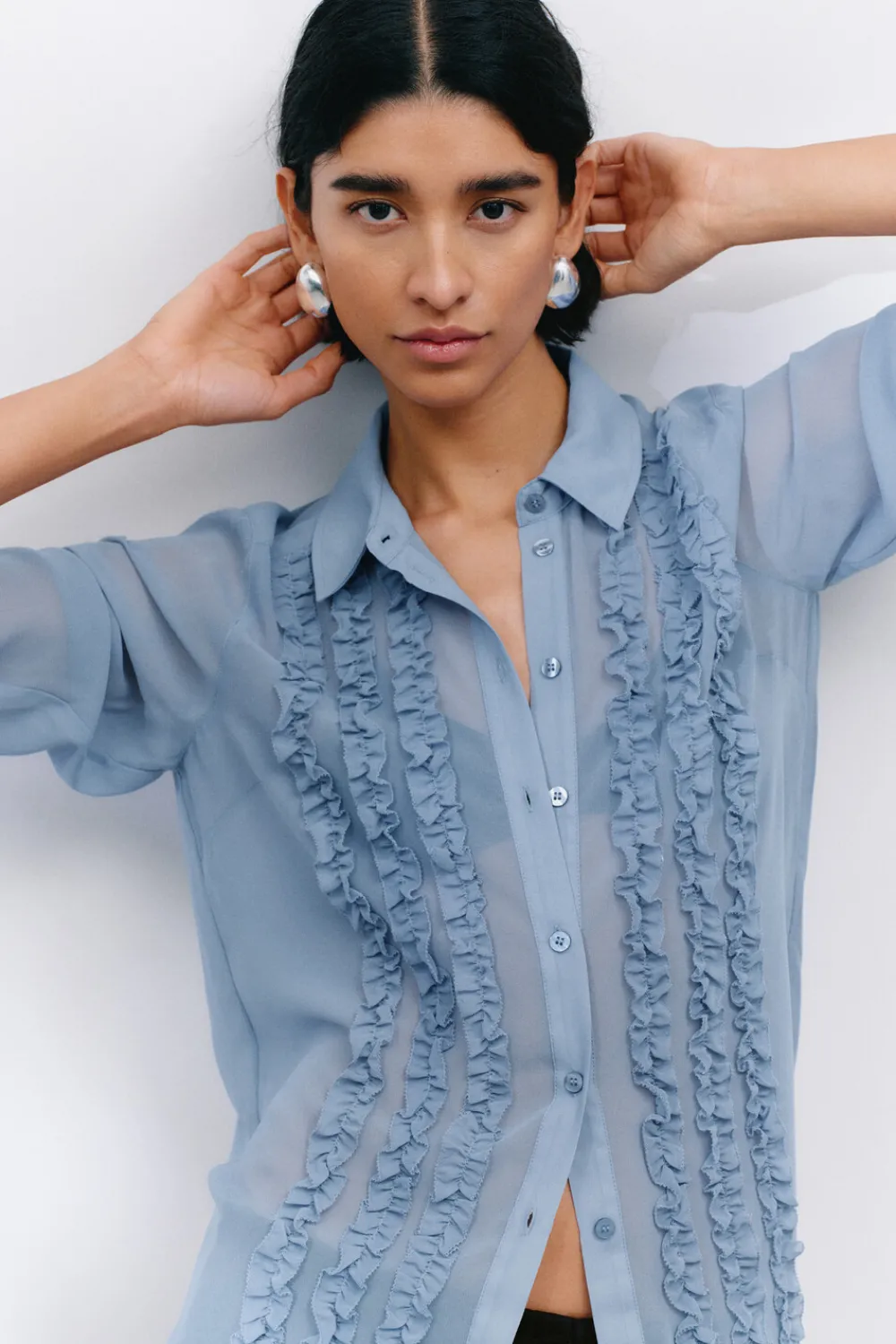hush Shirts & Blouses|Chiffon Ruffle Blouse Light Blue
