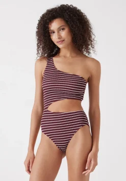 hush Swimwear & Beachwear|Clare Crinkle Cut Out Swimsuit Oxblood/White Stripe