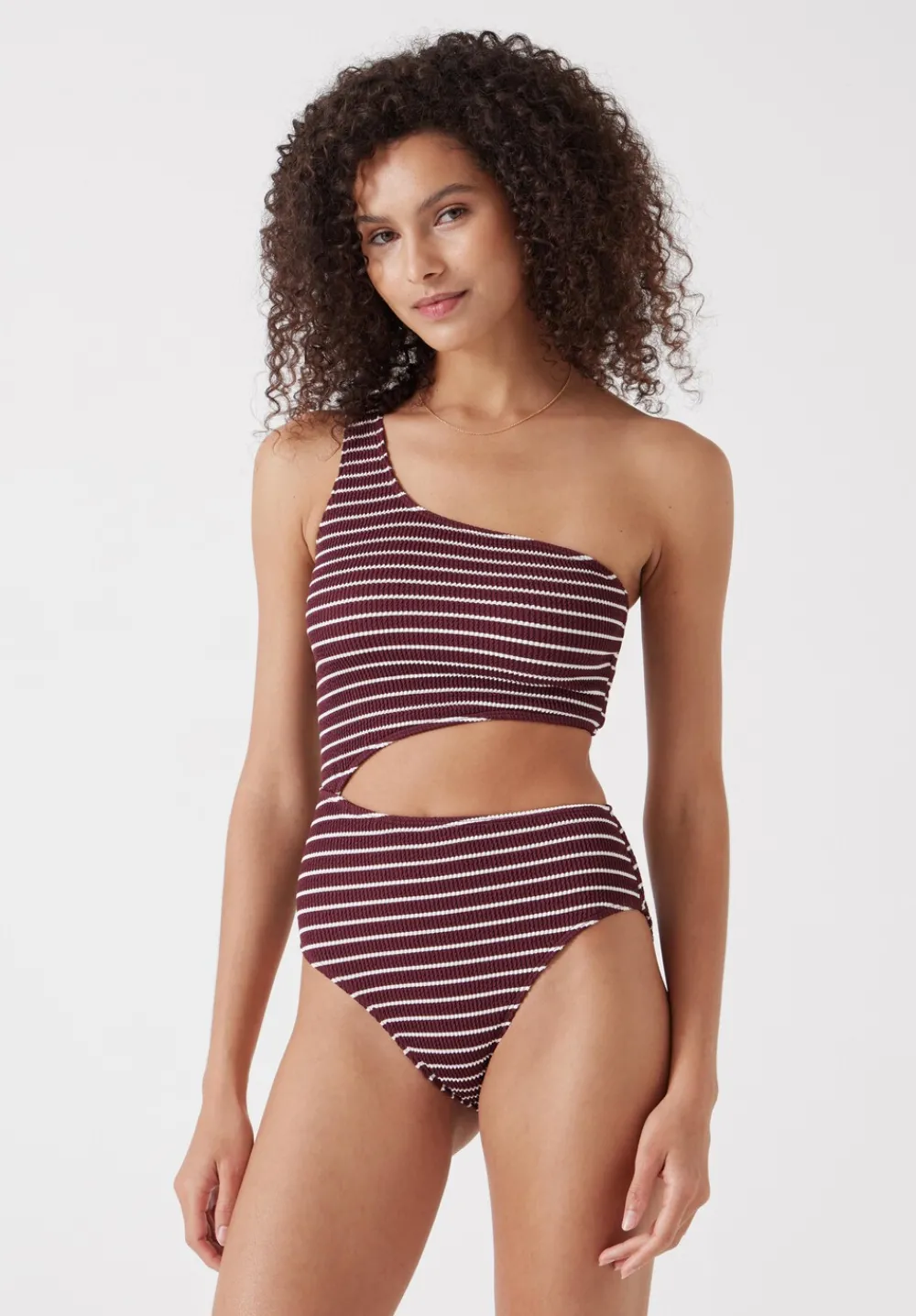 hush Swimwear & Beachwear|Clare Crinkle Cut Out Swimsuit Oxblood/White Stripe