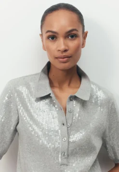 hush Tops & T-Shirts|Jumpers & Cardigans|Clear Sequin Knitted Polo Top Grey Marl