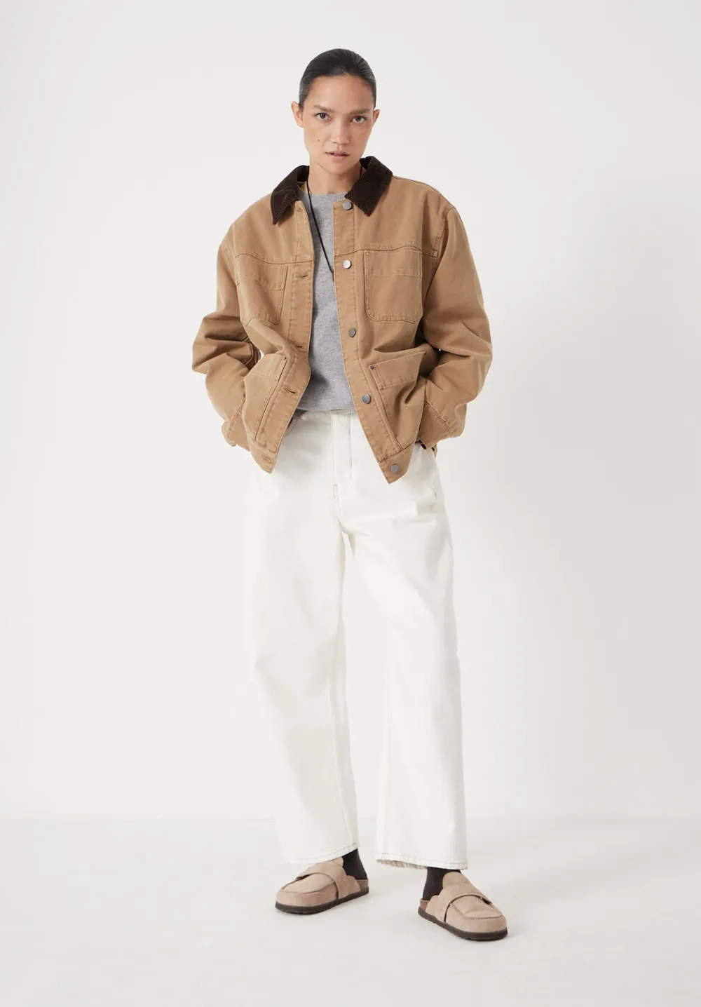 hush Jackets & Coats|Cord Collar Barn Jacket Stone Brown