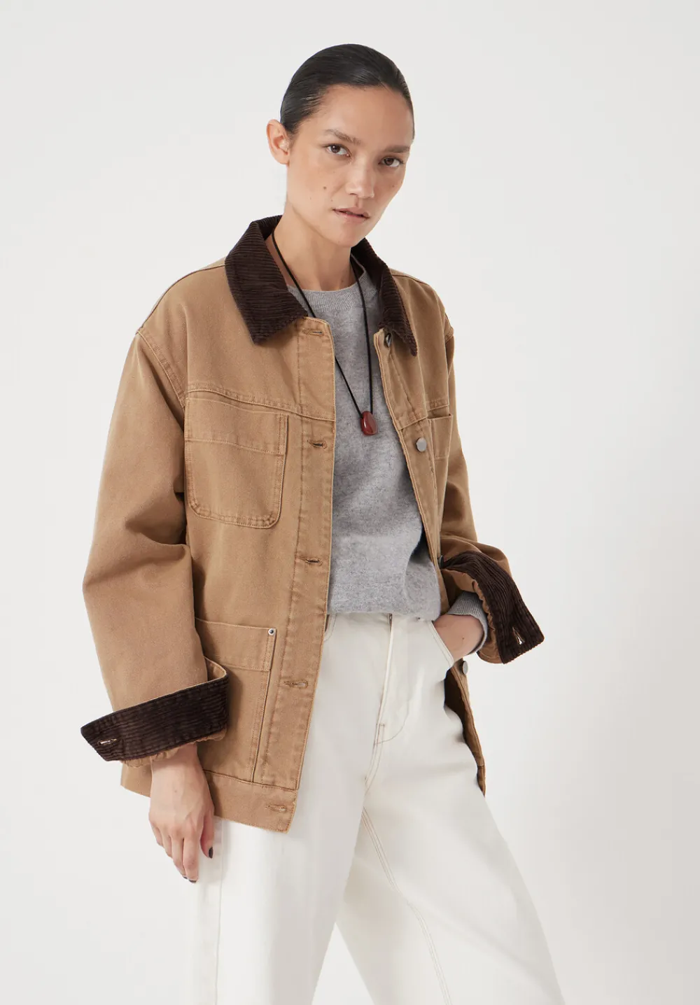 hush Jackets & Coats|Cord Collar Barn Jacket Stone Brown